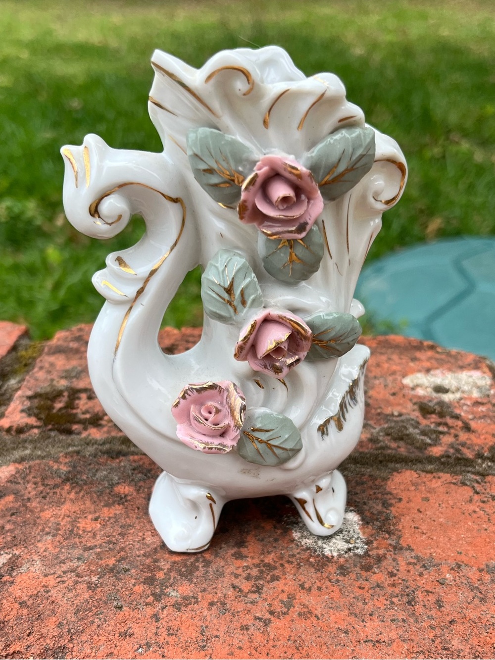 Vintage Porcelain Vase with Pink Roses